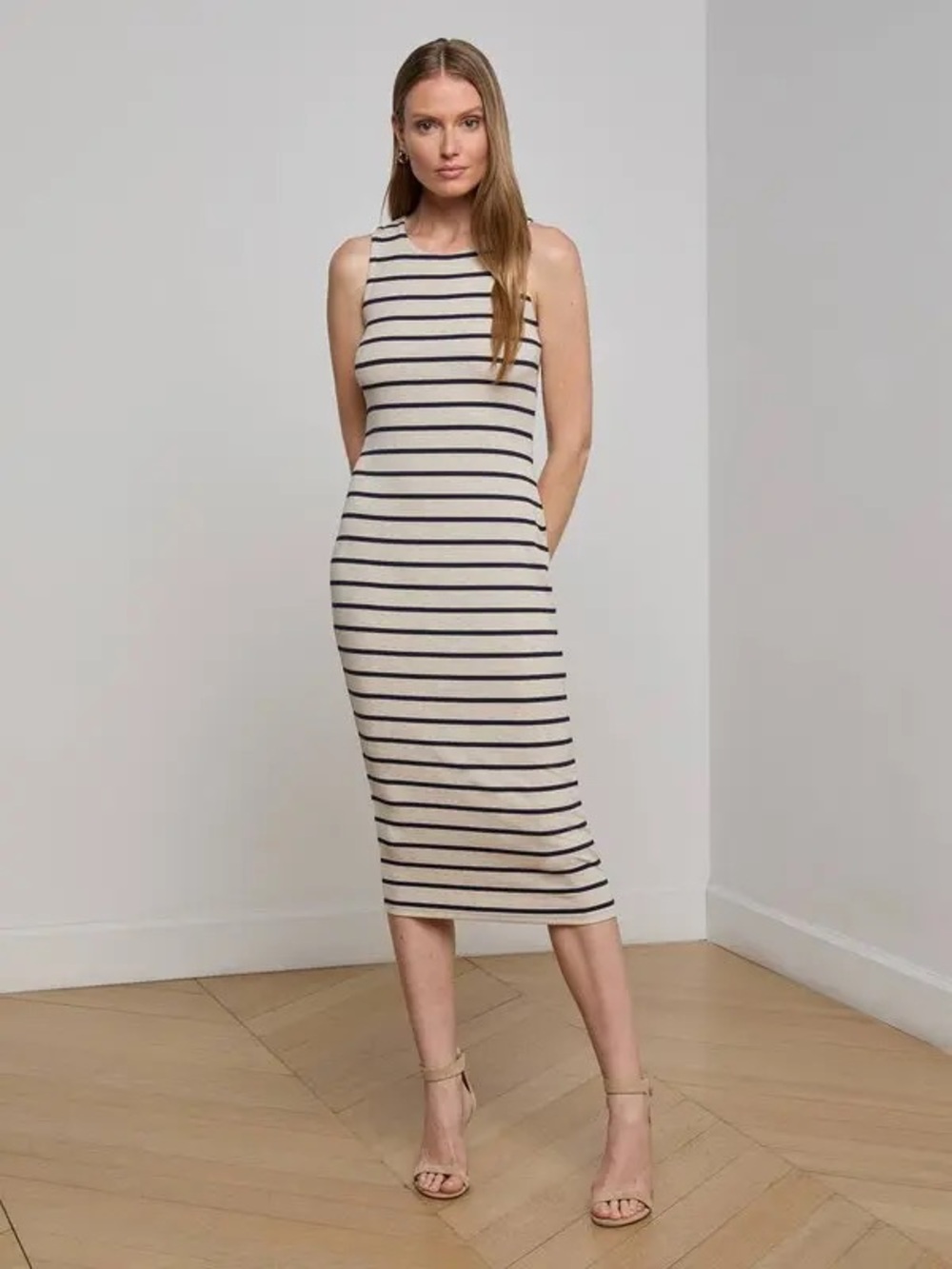 L'Agence Nura striped midi dress oat navy blue racer back NWT classic nautical